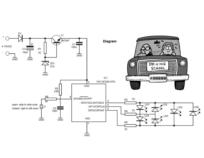 Lauflicht Bausatz Effekt wie NightRider mit 6-LEDs in Rot typisch 9V 12V Range 4-15Volt