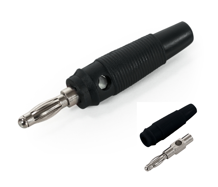 4mm_Lamellenstecker_mit_Querloch_39-850-00008_B01 4mm Bananenstecker Schwarz gummiert Lamellenkontakt