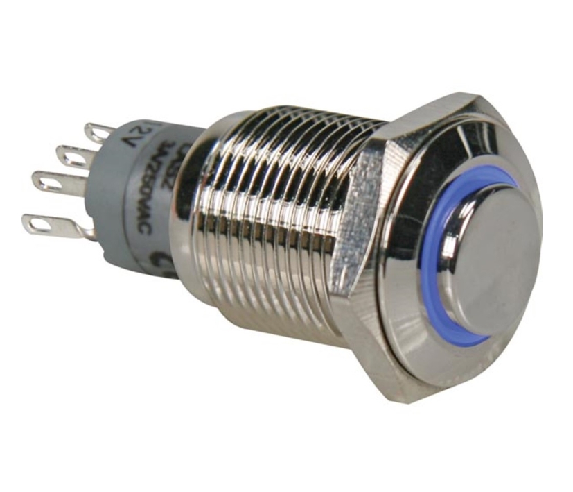 Schalter R710 Vollmetall 18mm mit blauer 12V LED Beleuchtung Kopfdurchmesser 18mm Einbau-DM 16mm IP65 Schalter R710 Vollmetall 18mm mit blauer 12V LED Beleuchtung Kopfdurchmesser 18mm Einbau-DM 16mm IP65