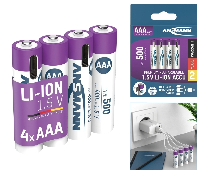 Ansmann_Lithiumakku_1311-0028_33-500-01500_B01 Lithiumakku 1,5Volt Micro AAA  je 500mAh inkl USB-C Ladekabel - 4er-Pack -