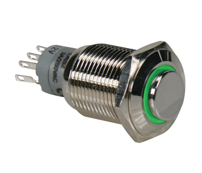 Schalter R710 Vollmetall 18mm mit grüner 12V LED Beleuchtung Kopfdurchmesser 18mm Einbau-DM 16mm IP65 Schalter R710 Vollmetall 18mm mit grüner 12V LED Beleuchtung Kopfdurchmesser 18mm Einbau-DM 16mm IP65