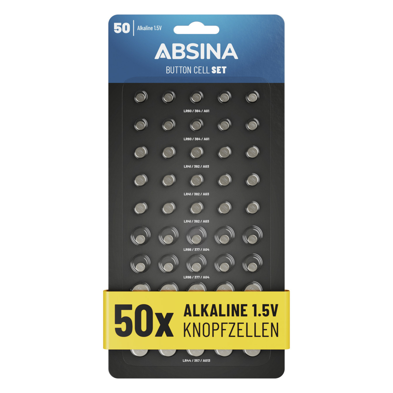 ABSINA 50er Pack Knopfzellen AG1 AG3 AG4 AG10 AG13 LR621 LR626 LR41 LR44 LR1130