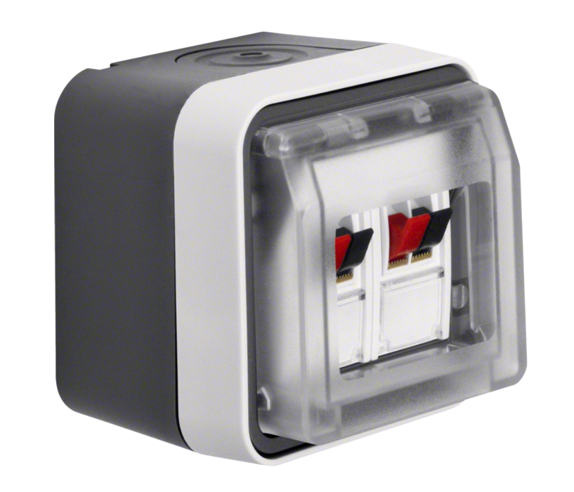 Aufputz Lautsprecherdose STEREO mit 4-Klemmen und Klappe IK05 IP55 Aufputz Lautsprecherdose STEREO mit 4-Klemmen und Klappe IK05 IP55