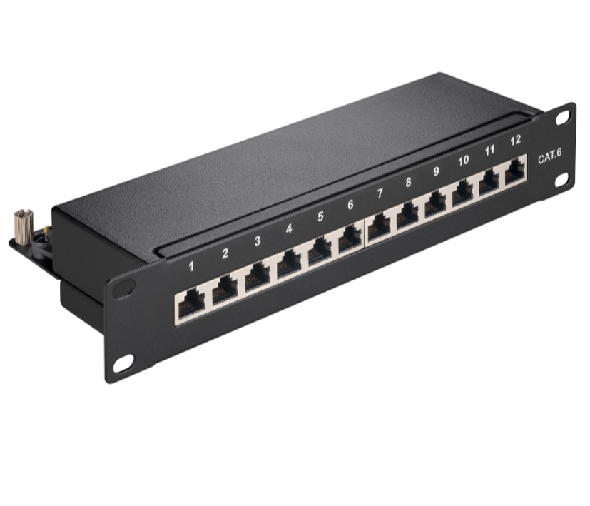 10zoll_Patchfeld_53-800-00767_B01 10zoll Patchpanel CAT6 Patchfeld 12xRJ45 LSA Panel Auflegefeld Schwarz