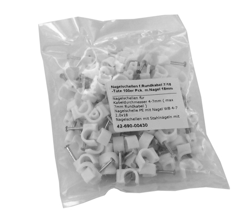 Nagelschellen_4-7mm_42-690-00430_B01 Nagelschellen für Rundkabel 4-7mm mit 18mm Nagel 100er Pack