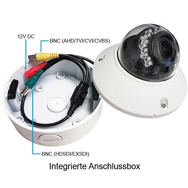 SDI Kamera 2MP Dome 4in1 SDI EXSDI TVI CVBS 3-12mm Varioobjeltiv IP66 IK10 Weiss