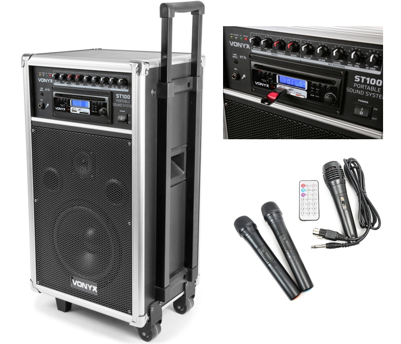 Mobile_Box_mit_CD_8zoll_84-754-11175_B01 Mobile Musikanlage Beschallungsanlage mit USB-MP3 CD-Player Akku 2xFunkmikro 250W 8zoll Bluetooth
