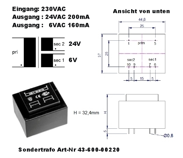 43-600-00220_Trafo_24VAC_6VAC_wie_V13494