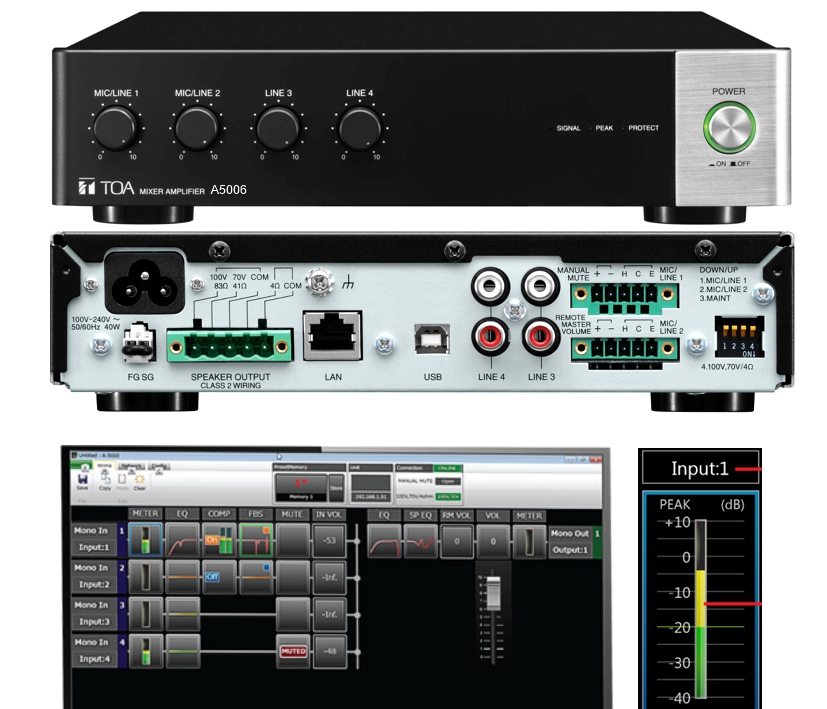Verstärker TOA A-5006 mit 60/100W 100V und 4-8ohm Digitaler Amplifier mit Mixer und LAN Port