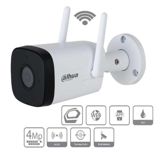 WLAN_Kamera_mit_Mikro_LS_64-700-04321_B02 4MP WLAN Kamera 4MP Netzwerkkamera IP67 SD-Speicherplatz Mikro und LS HFW1430DTP