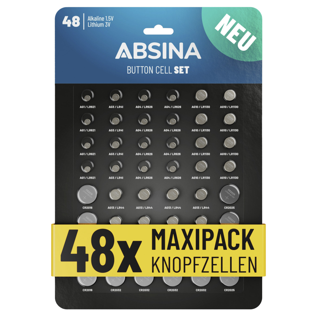 ABSINA 48er Pack Alkaline & Lithium Knopfzellen AG1 AG3 AG4 AG10 AG13 CR2016 CR2025 CR2032 Knopfzelle