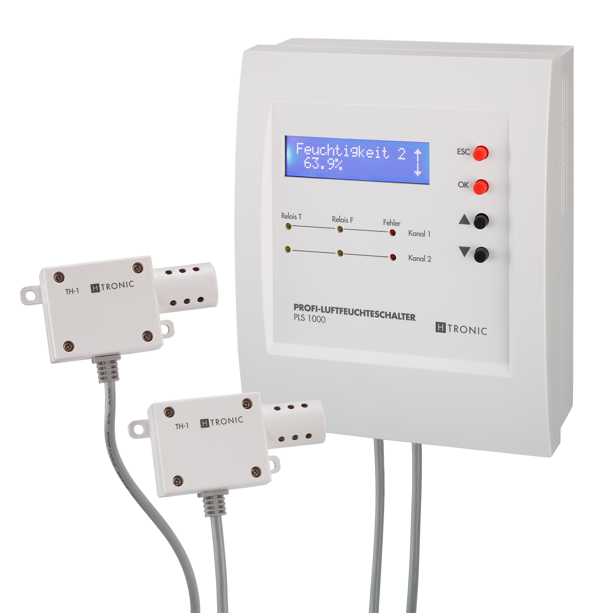 Luftfeuchteueberwachung_fuer_Ventilator_97-795-00920 Luftfeuchtesteuerung Temperatursteuerung PLS1000 mit LCD-Display inkl 2x Sensor 4-Relaiskontakte