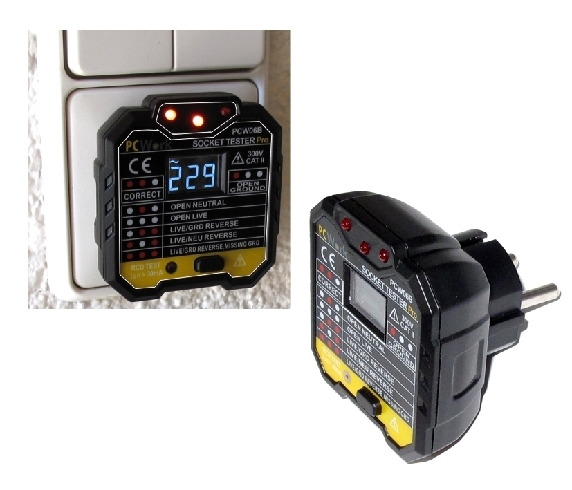 Steckdosentester_FI-Tester_90-798-03160_B01uMMLaflvxVLID Steckdosentester FI-Tester mit LCD Spannungsanzeige und 30mA Testtaste