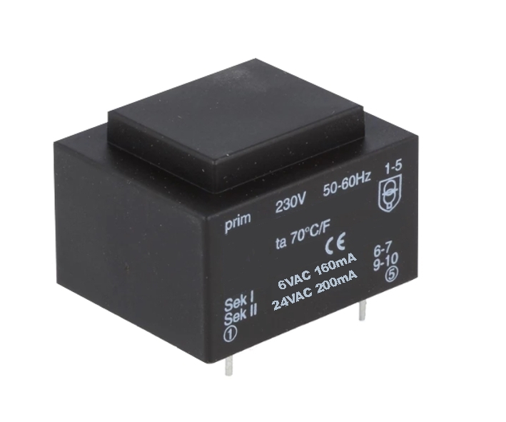 43-600-00220_Trafo_24VAC_6VAC_2023 24V+6V Trafo 24VAC 200mA  6VAC 160mA Platinentrafo 5,8VA mit Lötstifte