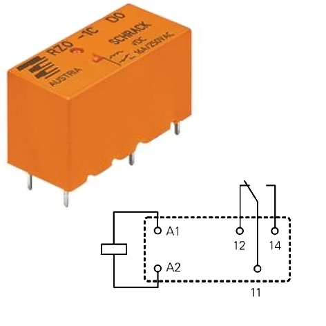 24V-Relais-Schrack-RZ01-1C4-D024-47-826-00495-2016 Relais 24V DC Spule 1xUM 12A 250V RM 7,5mm 3,5mm