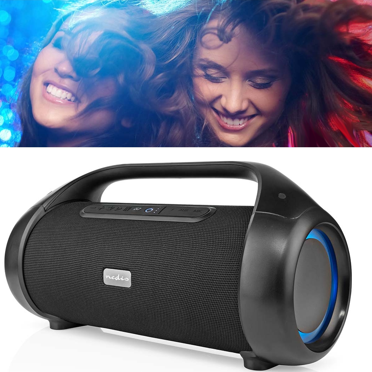 Musikanlage 120W Bluetooth + SIRI + AUX Inp + Akku bis 9-Stunden Spielzeit RGB-Led