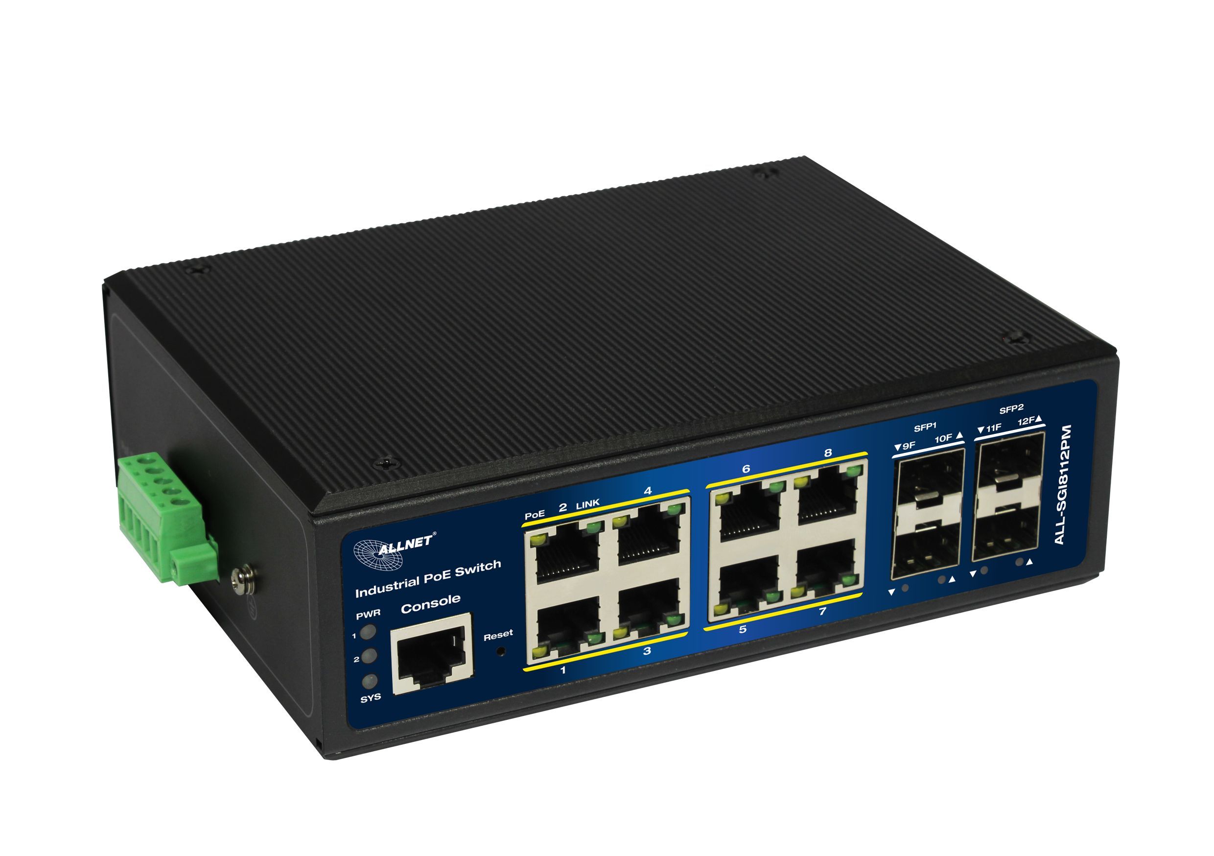 Industrie Switch 12Port LAN RJ45 4x SFP PoE Switch Hutschiene DIN Rail Inp 48V ALL-SGI8112PM Industrie Switch 12Port LAN RJ45 4x SFP PoE Switch Hutschiene DIN Rail Inp 48V ALL-SGI8112PM