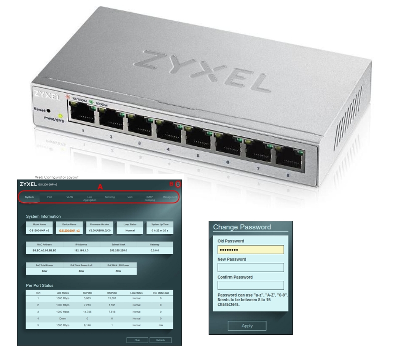 8port_Switch_Managed_Zyxcel_66-840-03275 LAN RJ45 Switch 8Port Desktop 10/100/1000Mbit für Streaming Managed mit Netzteil