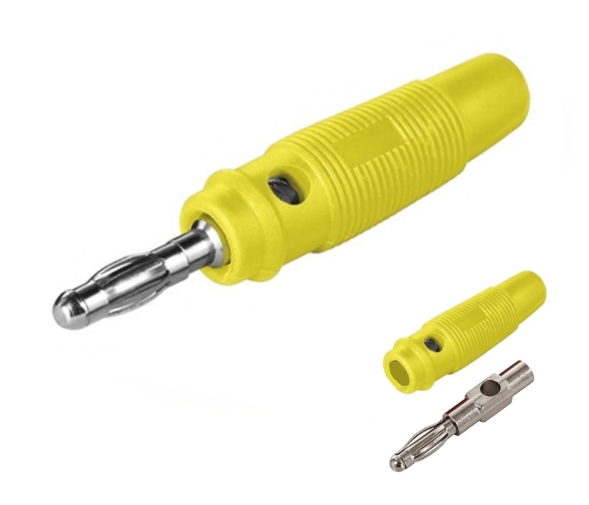 4mm_Lamellenstecker_mit_Querloch_39-850-00009_B01 4mm Bananenstecker Gelb gummiert Lamellenkontakt