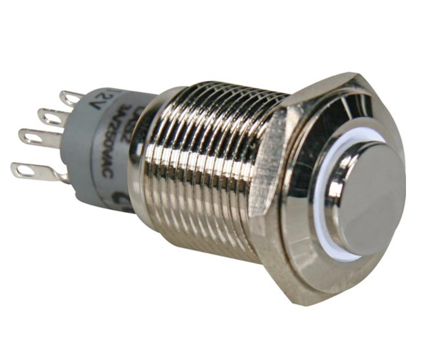 Schalter R710 Vollmetall 18mm mit weißer 12V LED Beleuchtung Kopfdurchmesser 18mm Einbau-DM 16mm IP65 Schalter R710 Vollmetall 18mm mit weißer 12V LED Beleuchtung Kopfdurchmesser 18mm Einbau-DM 16mm IP65