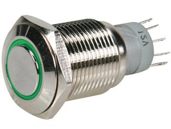 Vollmetall-Schalter-gruen-95-839-00960 Schalter R610 Vollmetall 18mm mit grüner 12V LD Beleuchtung IP65 Einbau-DM 16mm